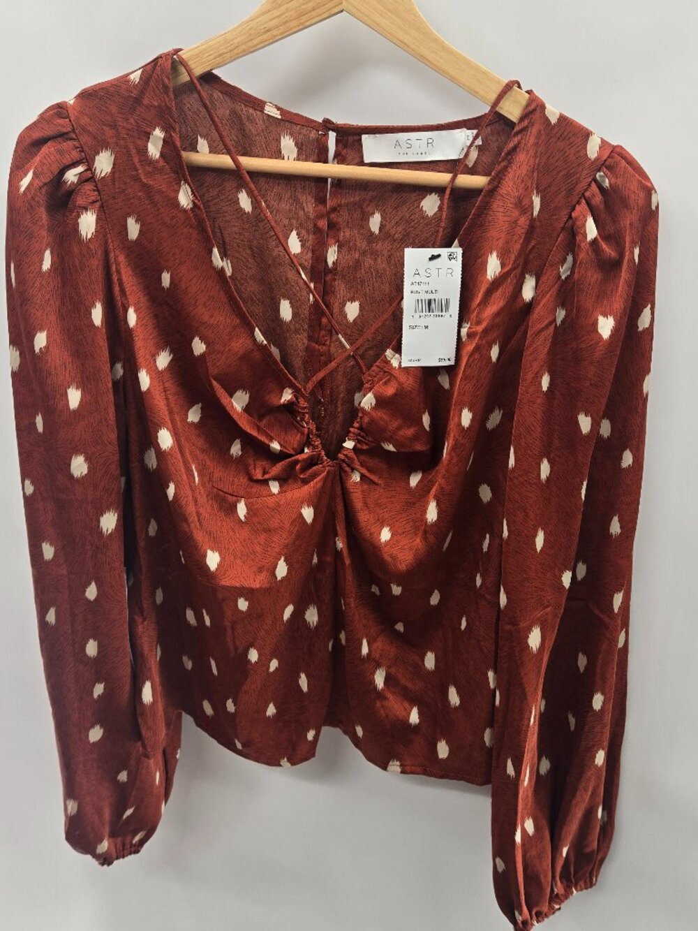 Astr The Label Brown Rust Ruched Keyhole Cropped Polka Dot Blouse Medium